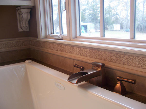 master bathroom addition w/custom tile & antique glaze faux finish on cabinetry